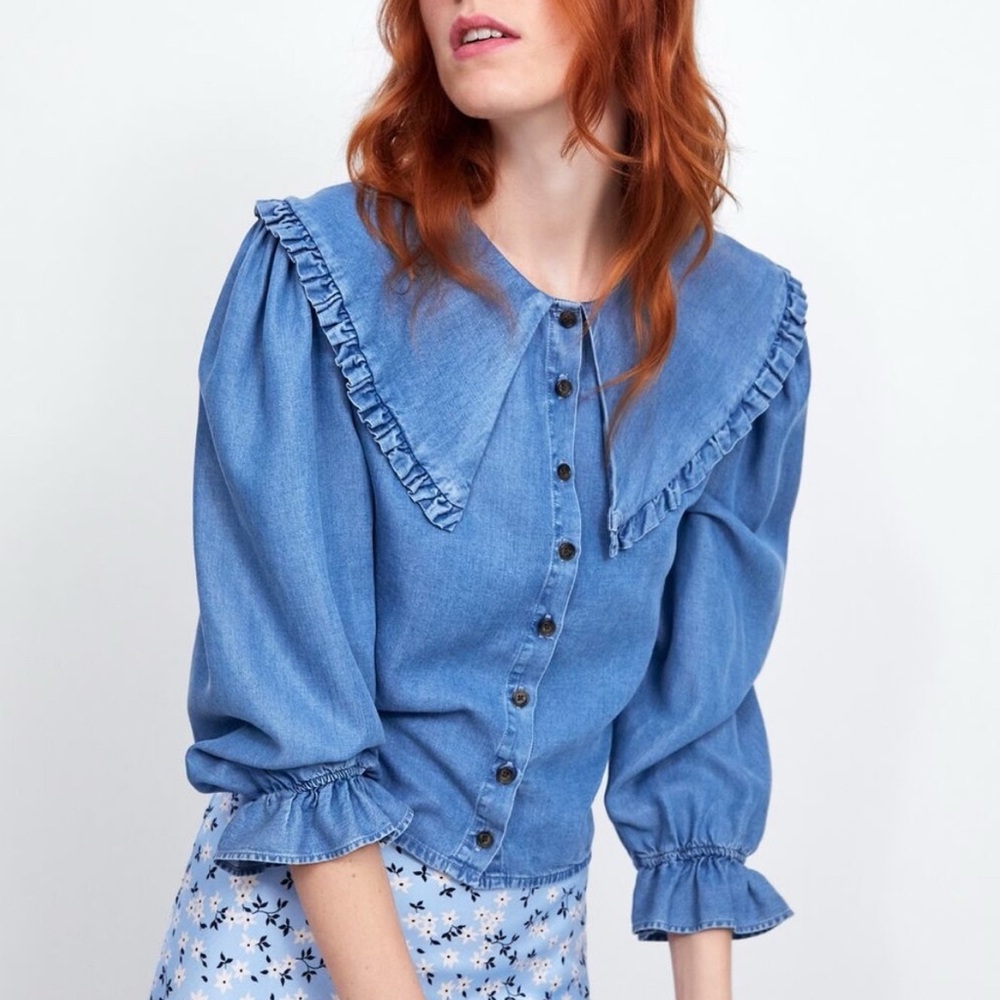 Zara Blue Denim Blouse with Ruffle Details. Size XS